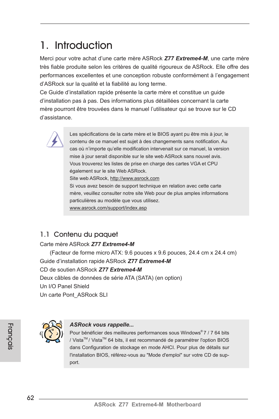French, Introduction, 1 contenu du paquet | Français | ASRock Z77 Extreme4-M User Manual | Page 62 / 237