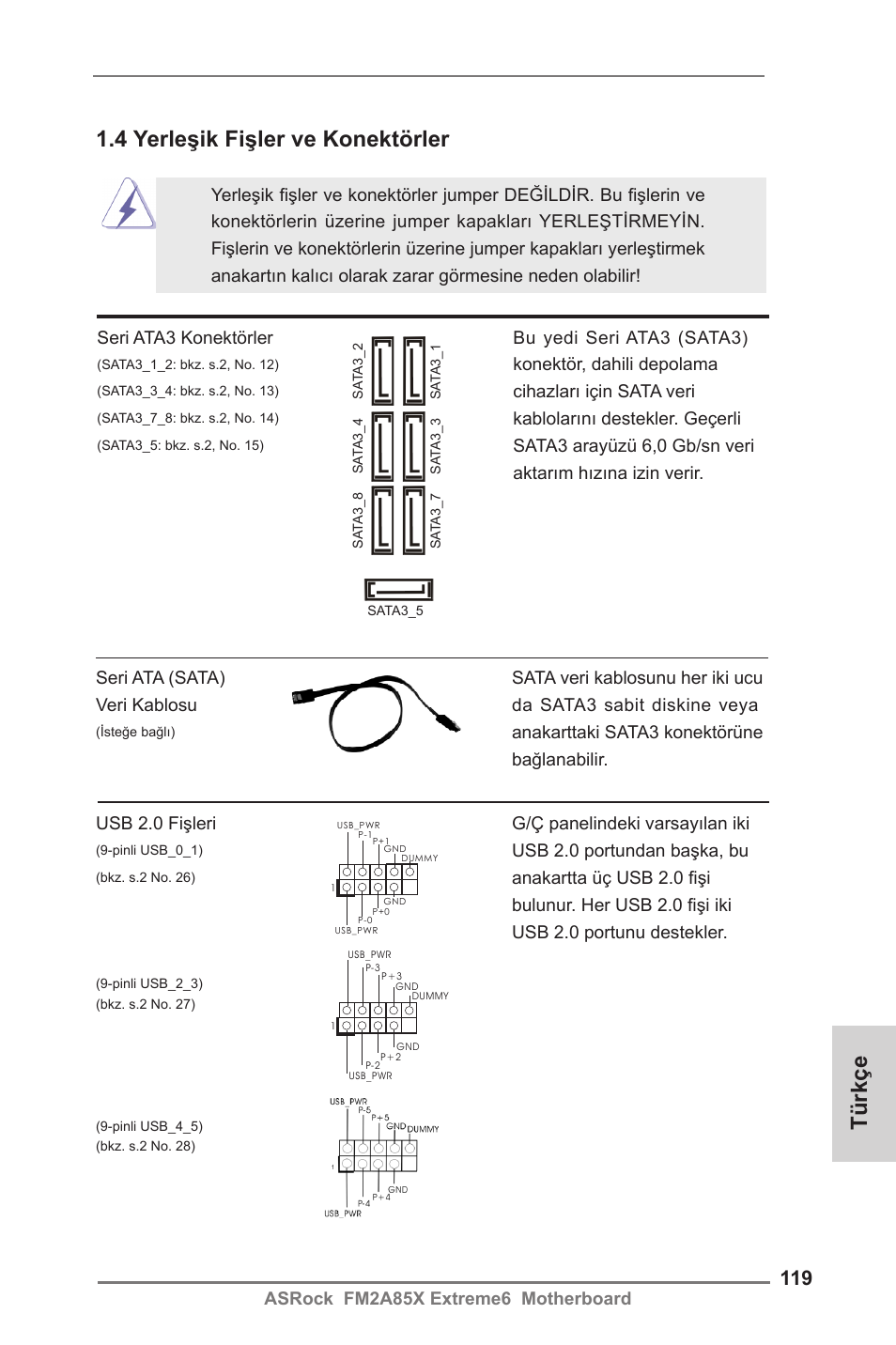 4 yerleşik fişler ve konektörler, Türkçe | ASRock FM2A85X Extreme6 User Manual | Page 119 / 186