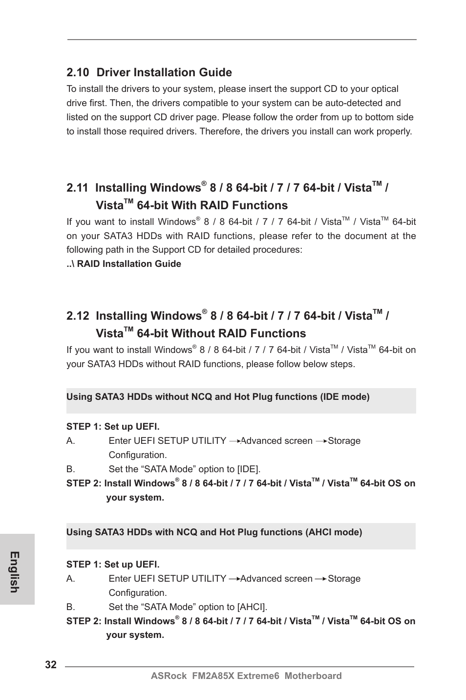 English 2.10 driver installation guide, 11 installing windows, Vista | Bit with raid functions, 12 installing windows, Bit without raid functions | ASRock FM2A85X Extreme6 User Manual | Page 32 / 186
