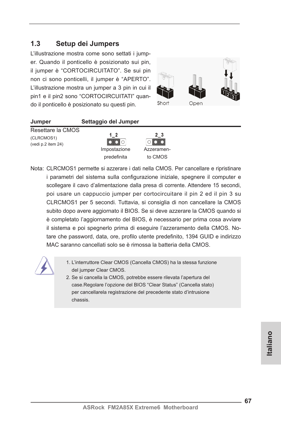 Italiano 1.3 setup dei jumpers | ASRock FM2A85X Extreme6 User Manual | Page 67 / 186