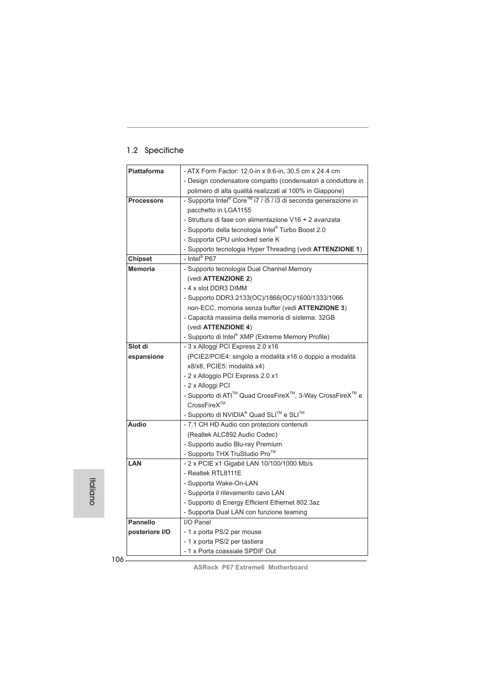 2 specifiche, Italiano | ASRock P67 Extreme6 User Manual | Page 106 / 312