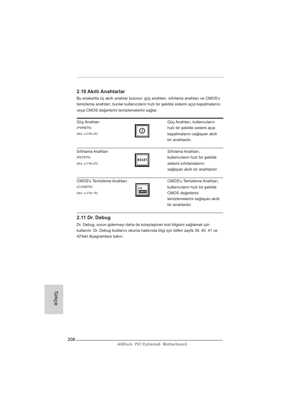 11 dr. debug, 10 akıllı anahtarlar, Türkçe | ASRock P67 Extreme6 User Manual | Page 208 / 312