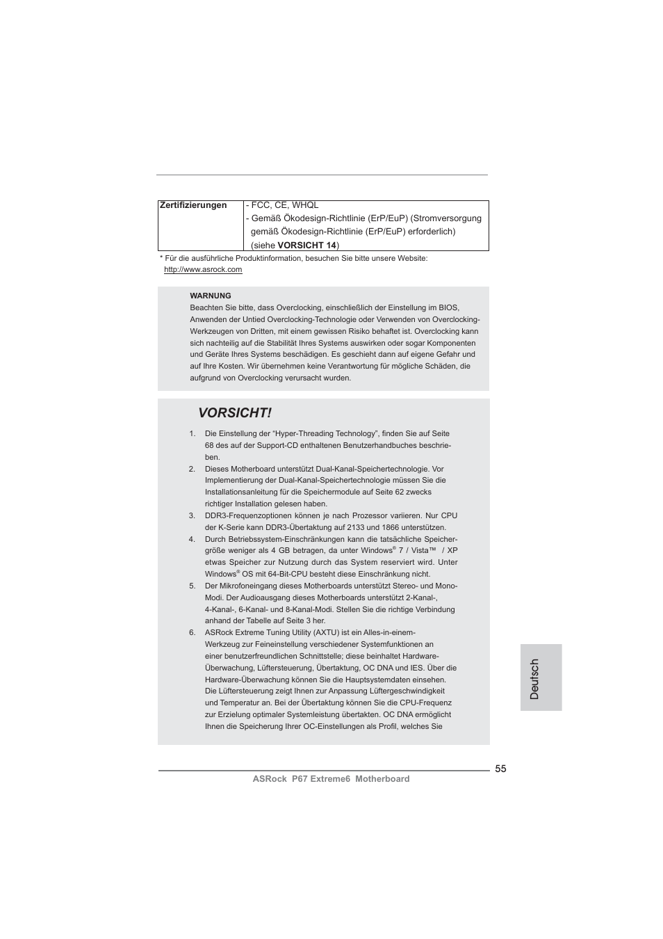 Vorsicht, Deutsch | ASRock P67 Extreme6 User Manual | Page 55 / 312