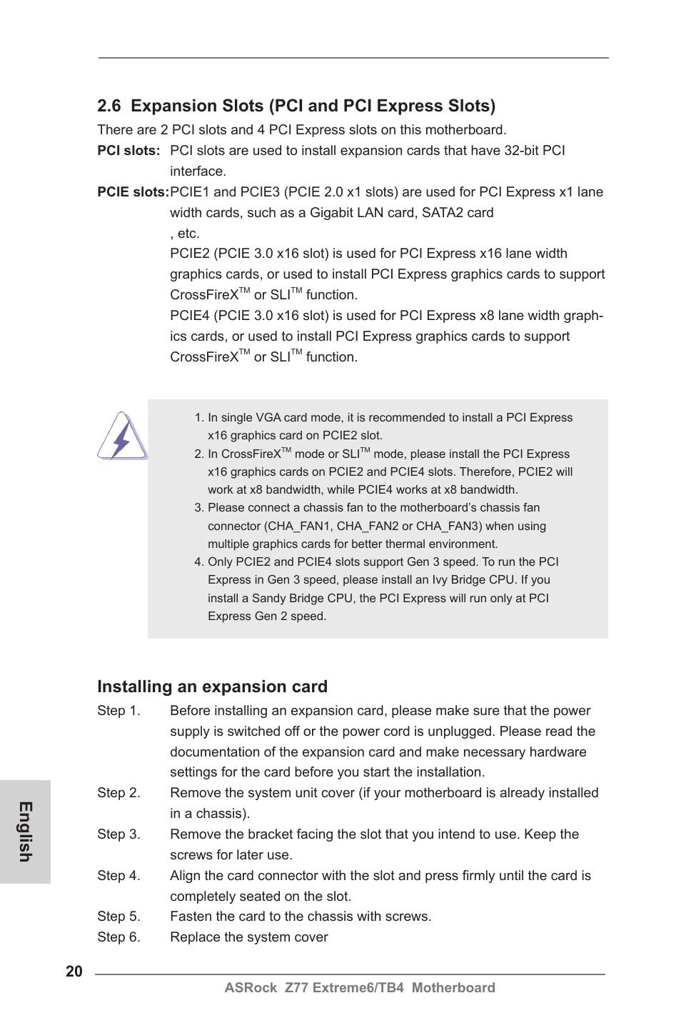 6 expansion slots (pci and pci express slots), Installing an expansion card, English | ASRock Z77 Extreme6__TB4 User Manual | Page 20 / 206