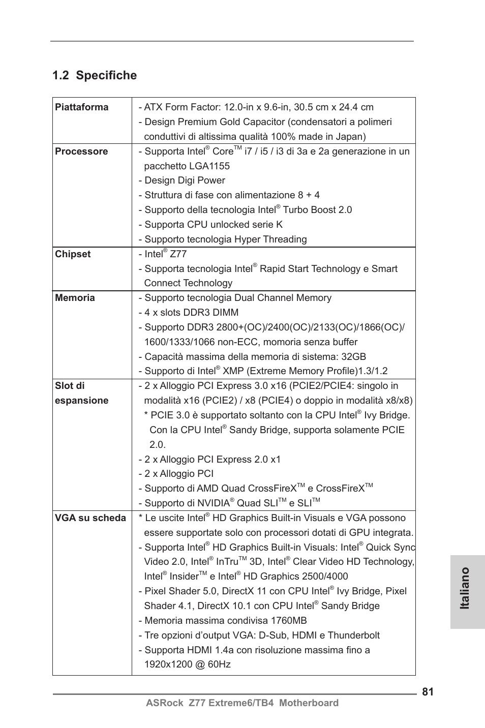 2 specifiche, Italiano | ASRock Z77 Extreme6__TB4 User Manual | Page 81 / 206