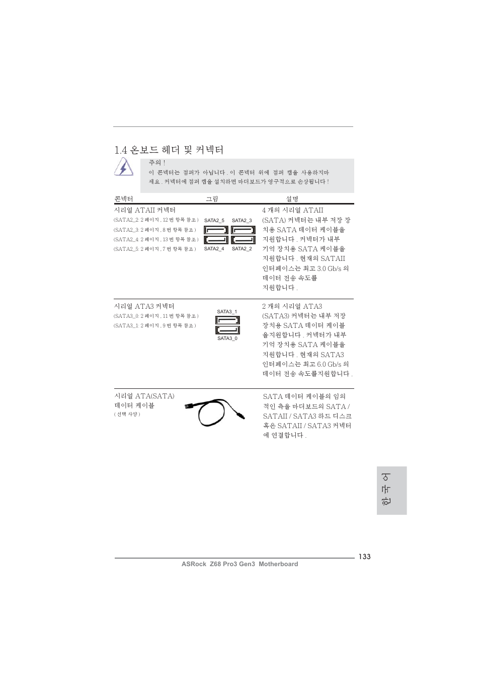 한 국 어 1.4 온보드 헤더 및 커넥터 | ASRock Z68 Pro3 Gen3 User Manual | Page 133 / 191
