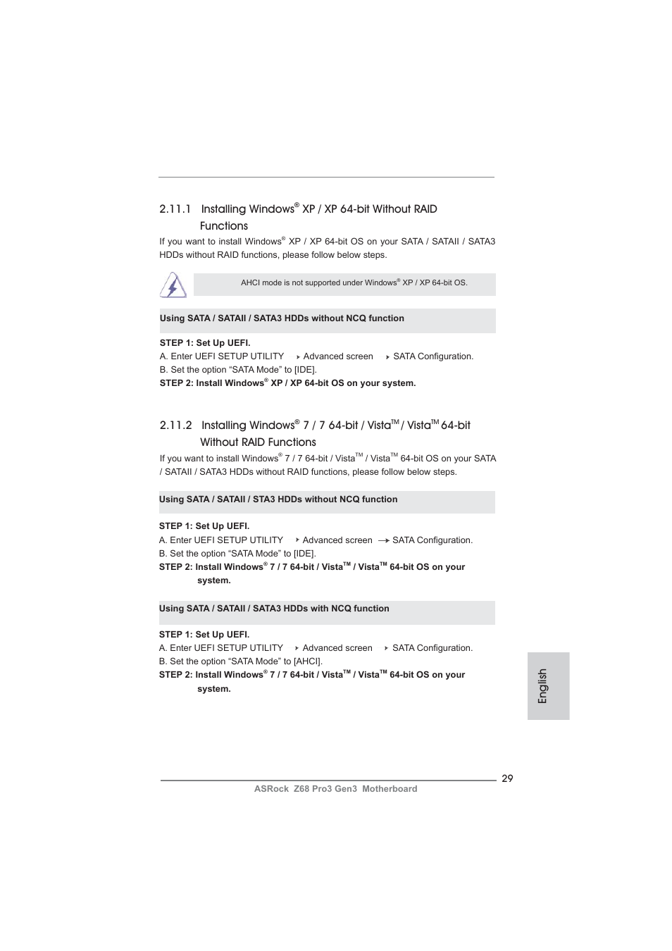 English 2.11.1 installing windows, Xp / xp 64-bit without raid functions, 2 installing windows | 7 / 7 64-bit / vista, Vista, Bit without raid functions | ASRock Z68 Pro3 Gen3 User Manual | Page 29 / 191