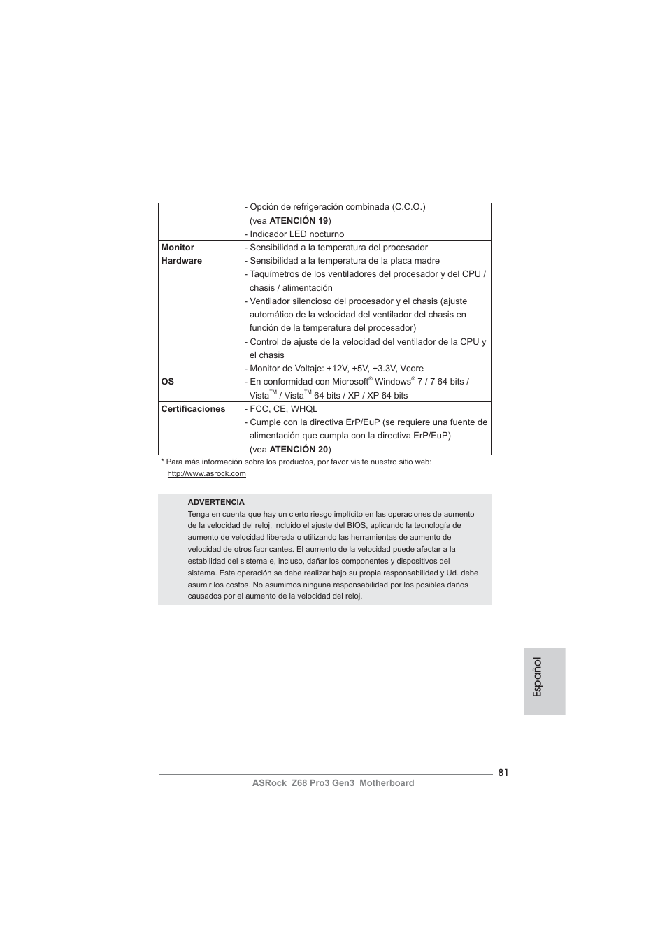 Español | ASRock Z68 Pro3 Gen3 User Manual | Page 81 / 191