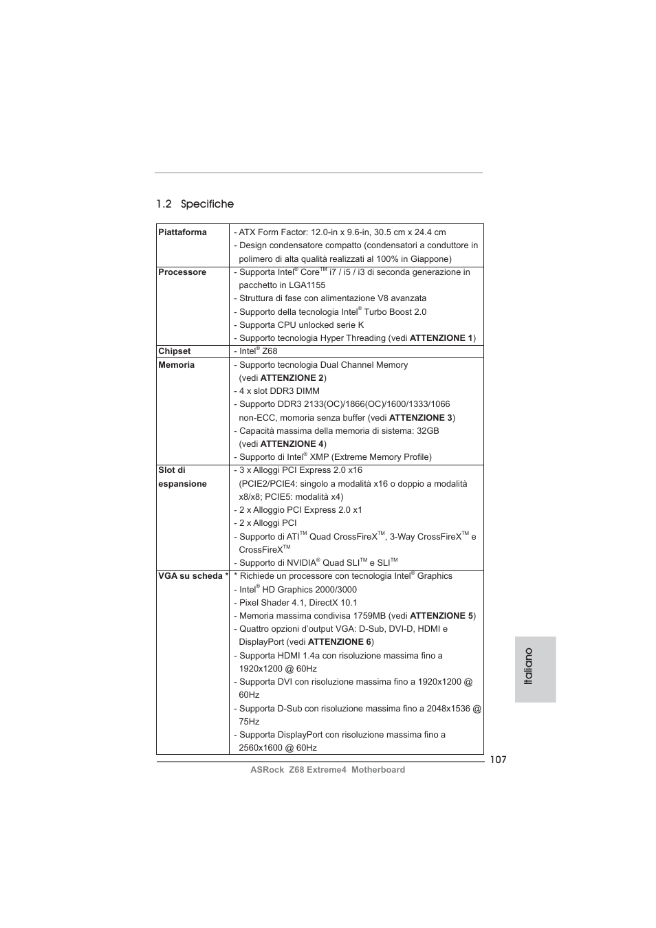 Italiano 1.2 specifiche | ASRock Z68 Extreme4 User Manual | Page 107 / 322