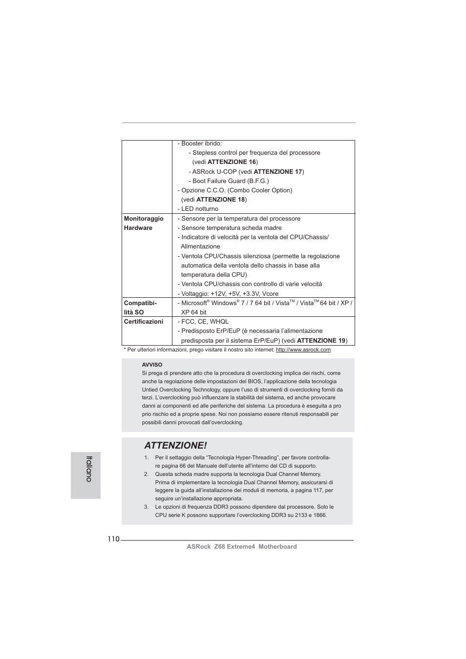 Attenzione, Italiano | ASRock Z68 Extreme4 User Manual | Page 110 / 322