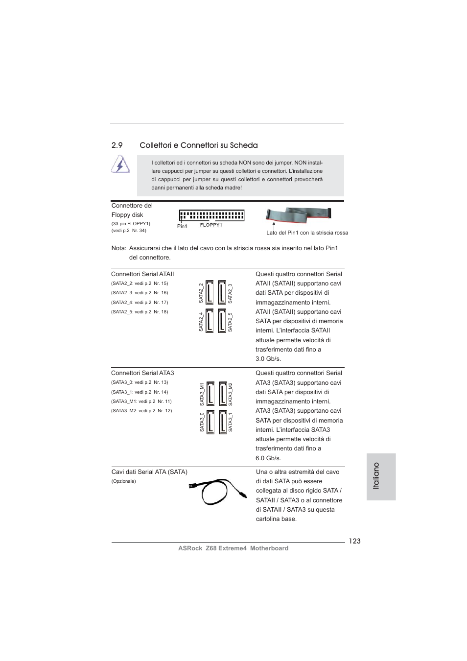 Italiano, 9 collettori e connettori su scheda | ASRock Z68 Extreme4 User Manual | Page 123 / 322