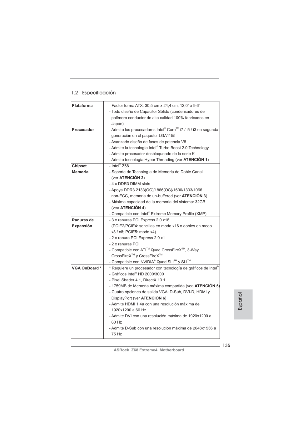Español 1.2 especificación | ASRock Z68 Extreme4 User Manual | Page 135 / 322