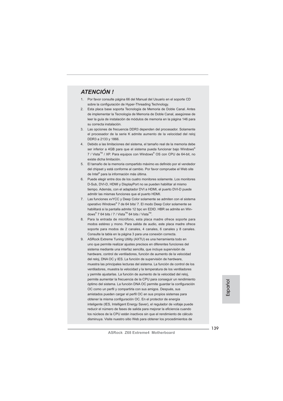 Atención, Español | ASRock Z68 Extreme4 User Manual | Page 139 / 322