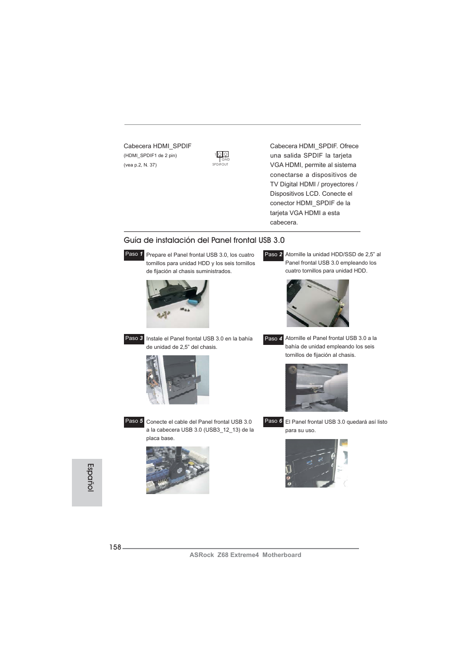 Guía de instalación del panel frontal usb 3.0, Español | ASRock Z68 Extreme4 User Manual | Page 158 / 322
