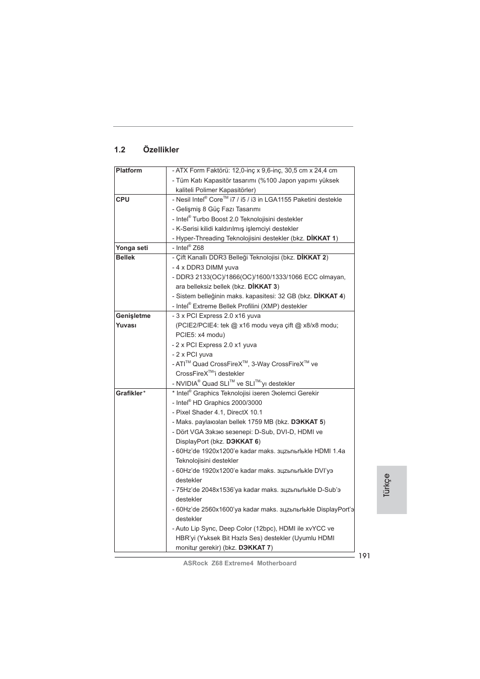 2 özellikler, Türkçe | ASRock Z68 Extreme4 User Manual | Page 191 / 322