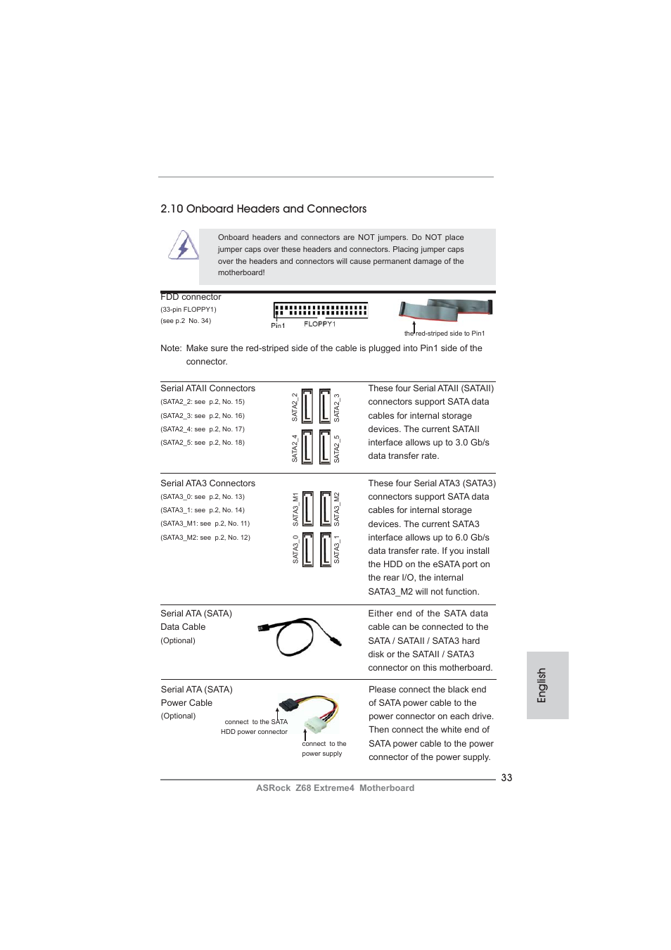English, 10 onboard headers and connectors | ASRock Z68 Extreme4 User Manual | Page 33 / 322