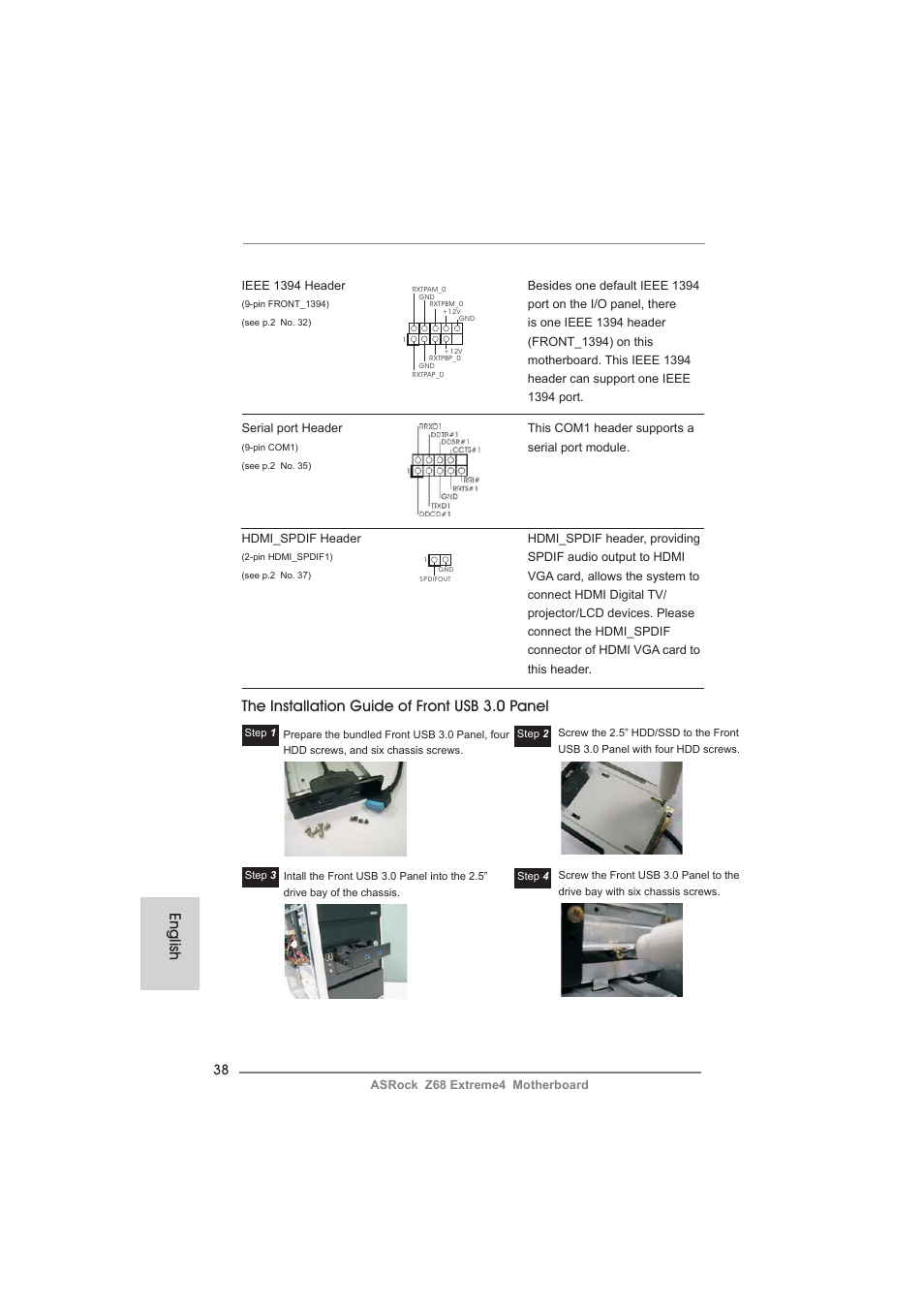 English, The installation guide of front usb 3.0 panel | ASRock Z68 Extreme4 User Manual | Page 38 / 322