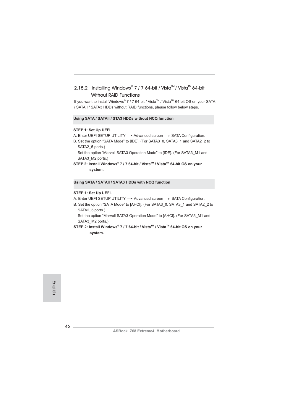 English 2.15.2 installing windows, 7 / 7 64-bit / vista, Vista | Bit without raid functions | ASRock Z68 Extreme4 User Manual | Page 46 / 322