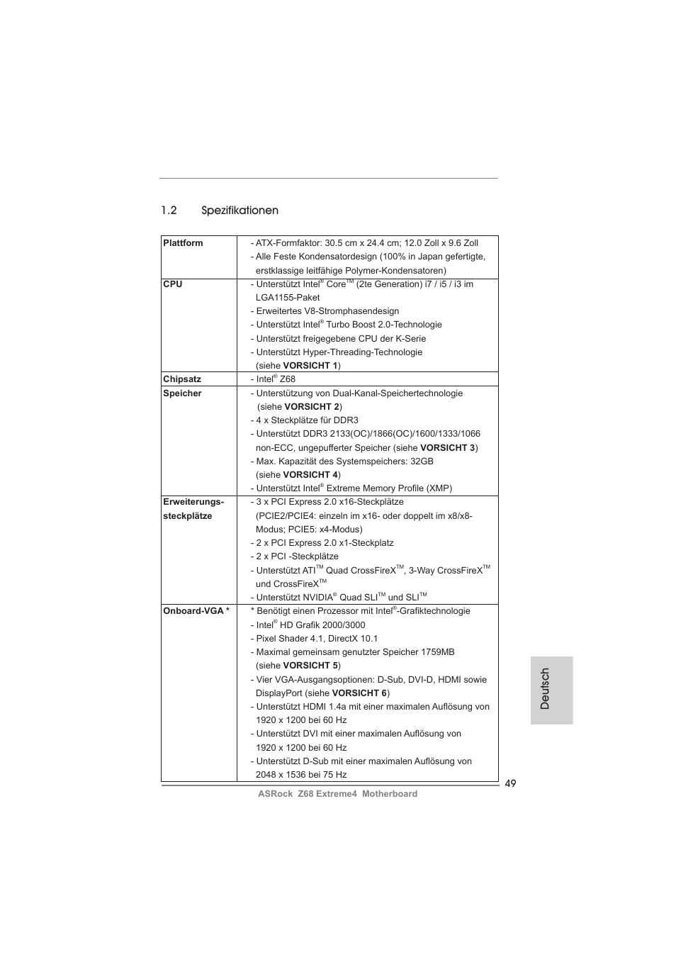 Deutsch 1.2 spezifikationen | ASRock Z68 Extreme4 User Manual | Page 49 / 322