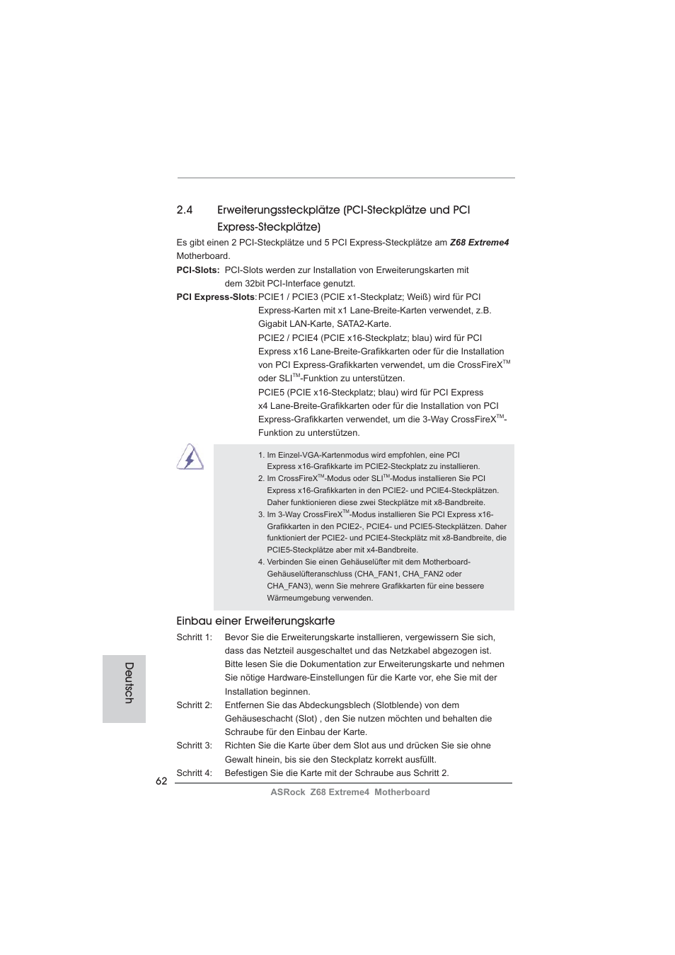 Einbau einer erweiterungskarte, Deutsch | ASRock Z68 Extreme4 User Manual | Page 62 / 322
