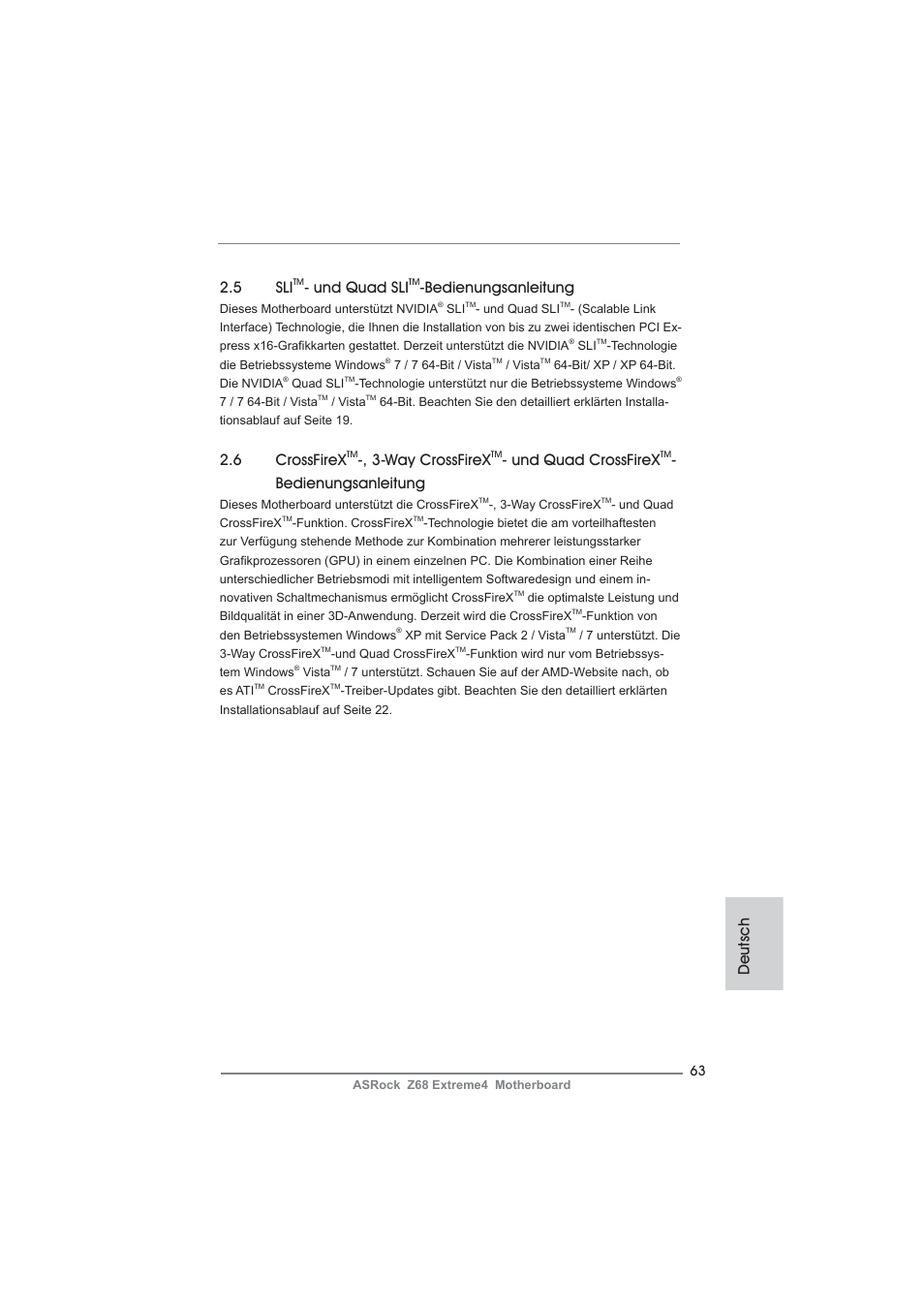 Deutsch 2.5 sli, Und quad sli, Bedienungsanleitung | 6 crossfirex, Way crossfirex, Und quad crossfirex | ASRock Z68 Extreme4 User Manual | Page 63 / 322