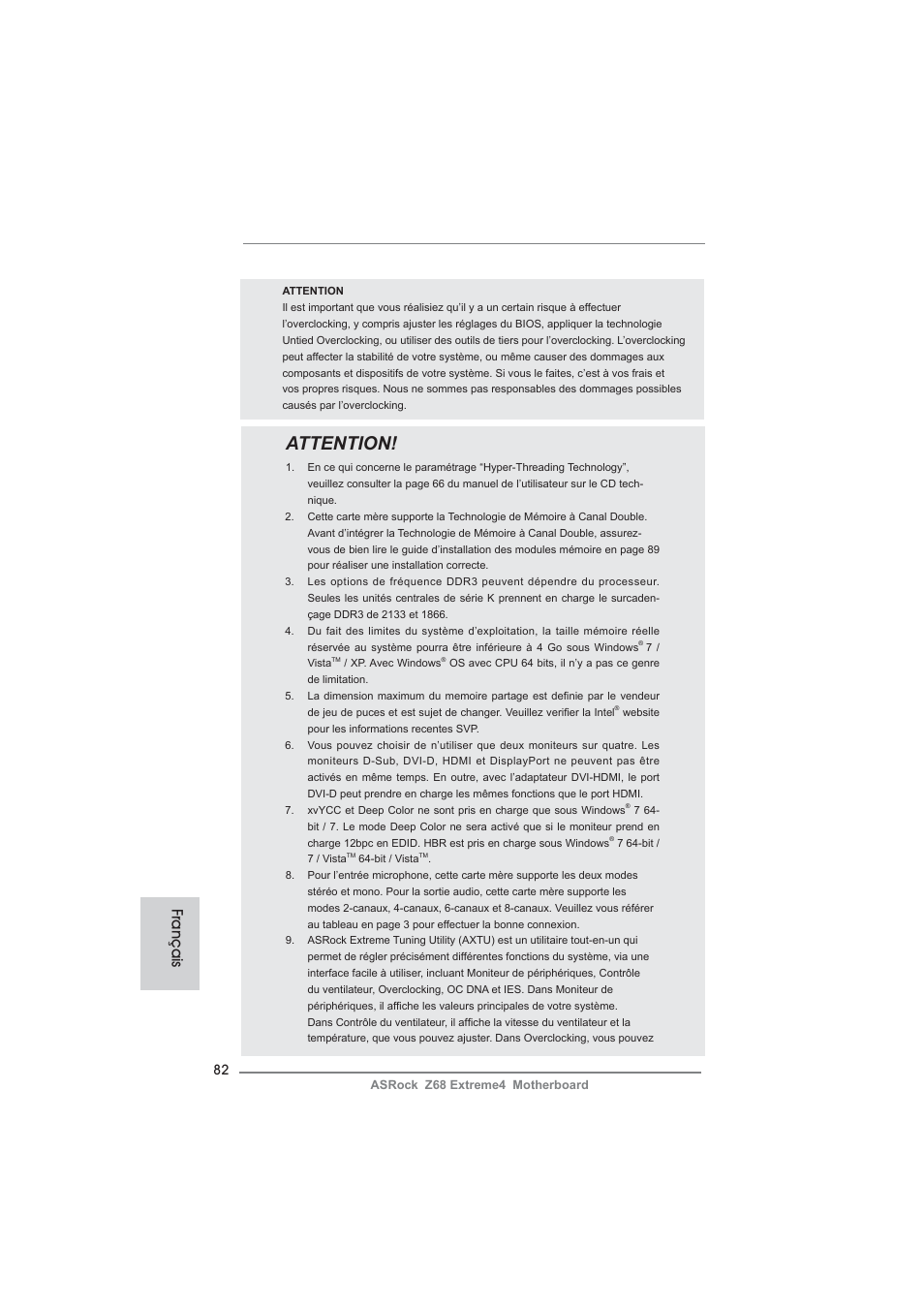 Attention, Français | ASRock Z68 Extreme4 User Manual | Page 82 / 322