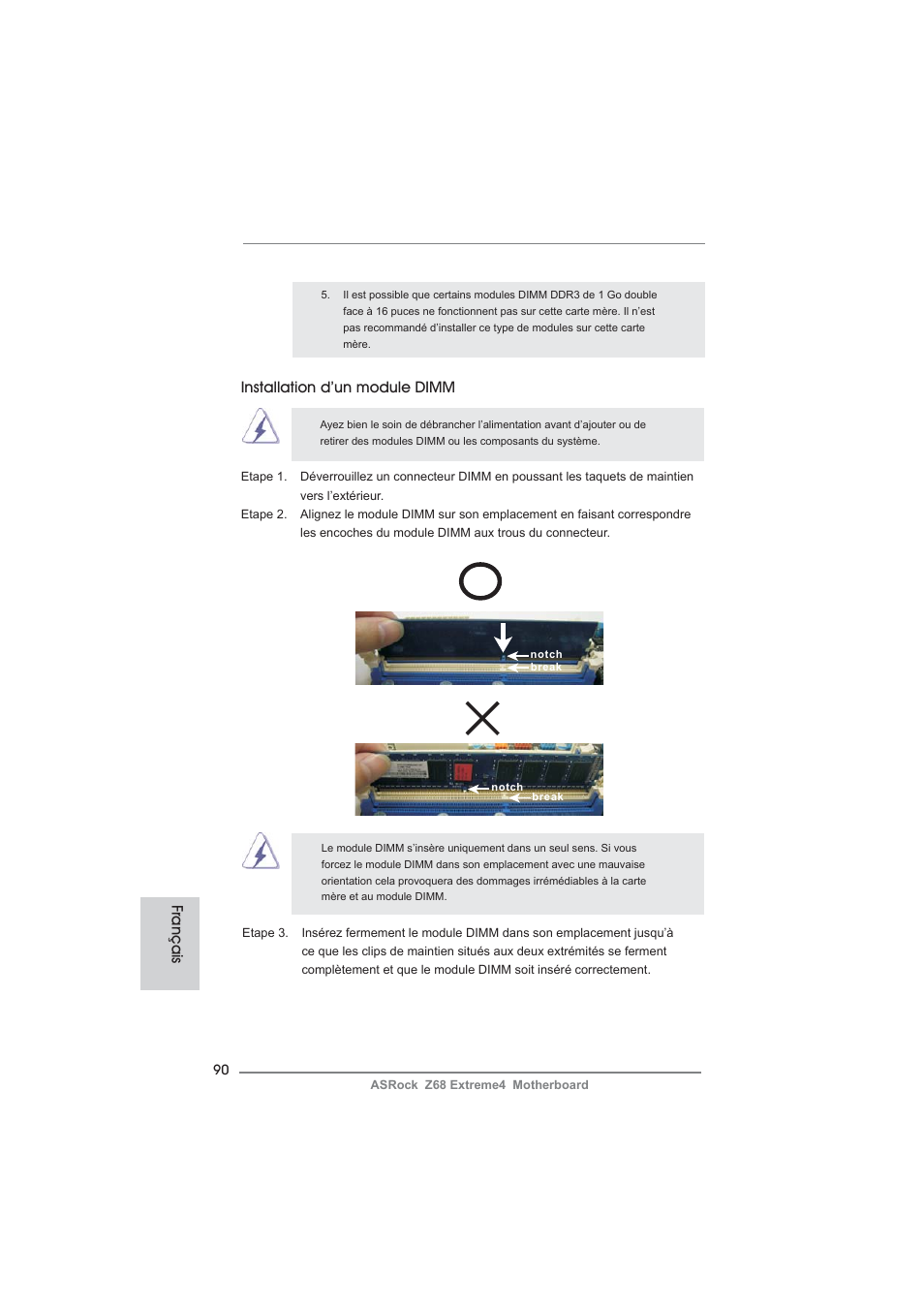 Installation d’un module dimm, Français | ASRock Z68 Extreme4 User Manual | Page 90 / 322