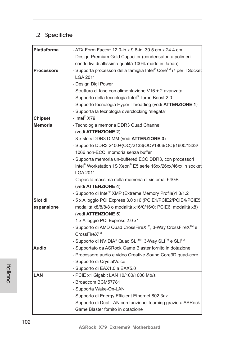 Italiano 1.2 specifiche | ASRock X79 Extreme9 User Manual | Page 102 / 246