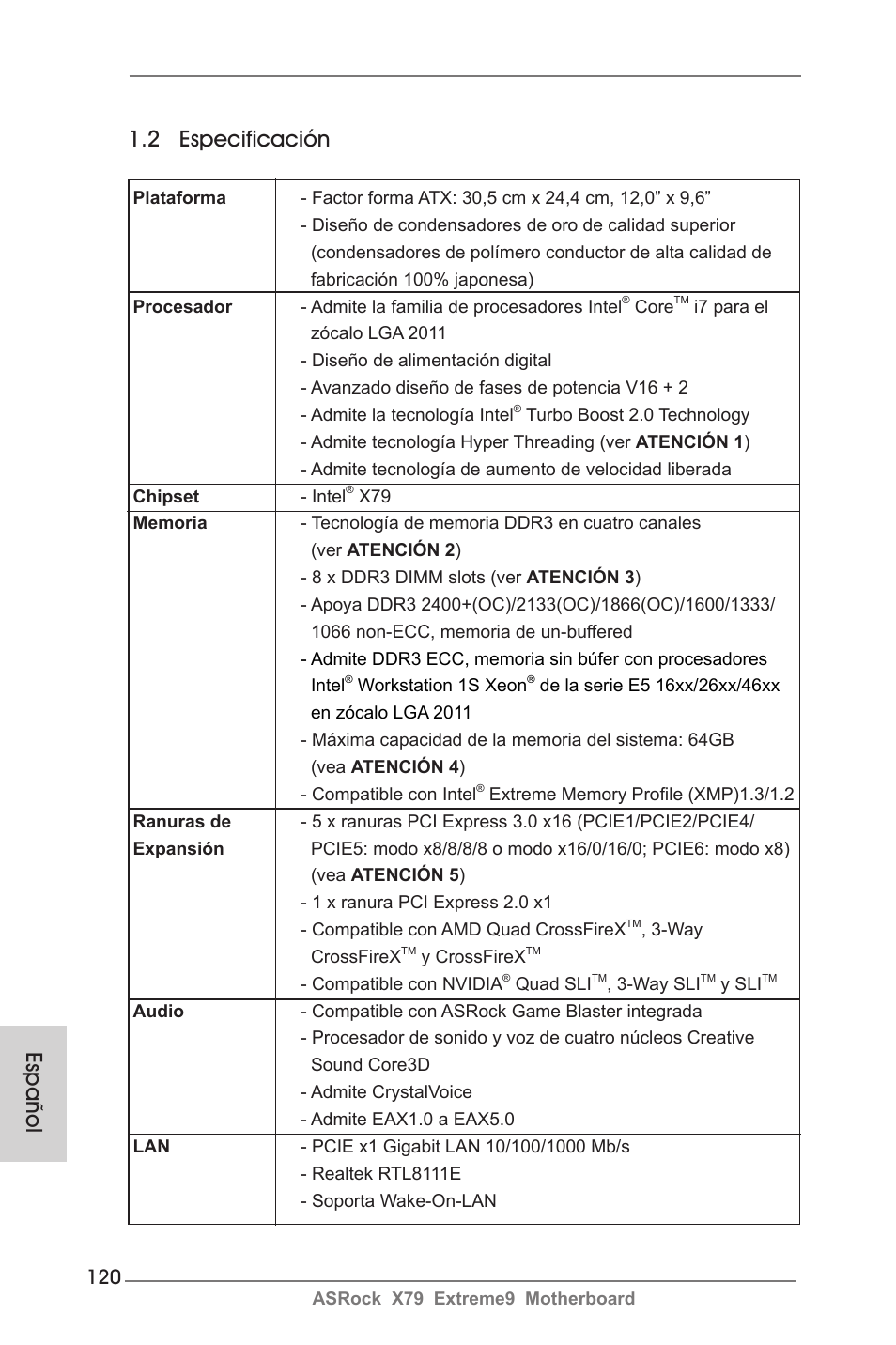 Español 1.2 especificación | ASRock X79 Extreme9 User Manual | Page 120 / 246