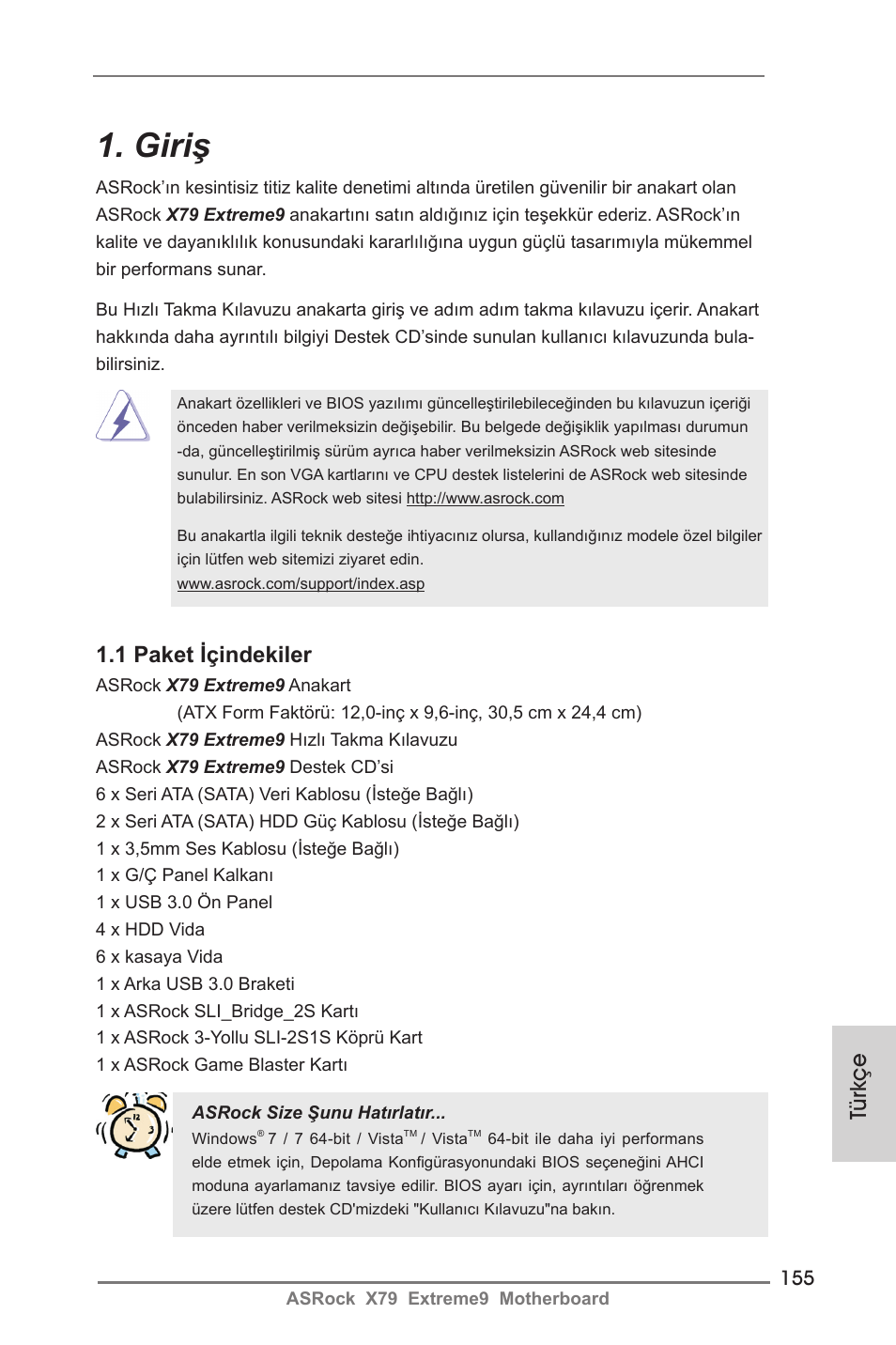 Turkish, Giriş, Türkçe | 1 paket içindekiler | ASRock X79 Extreme9 User Manual | Page 155 / 246