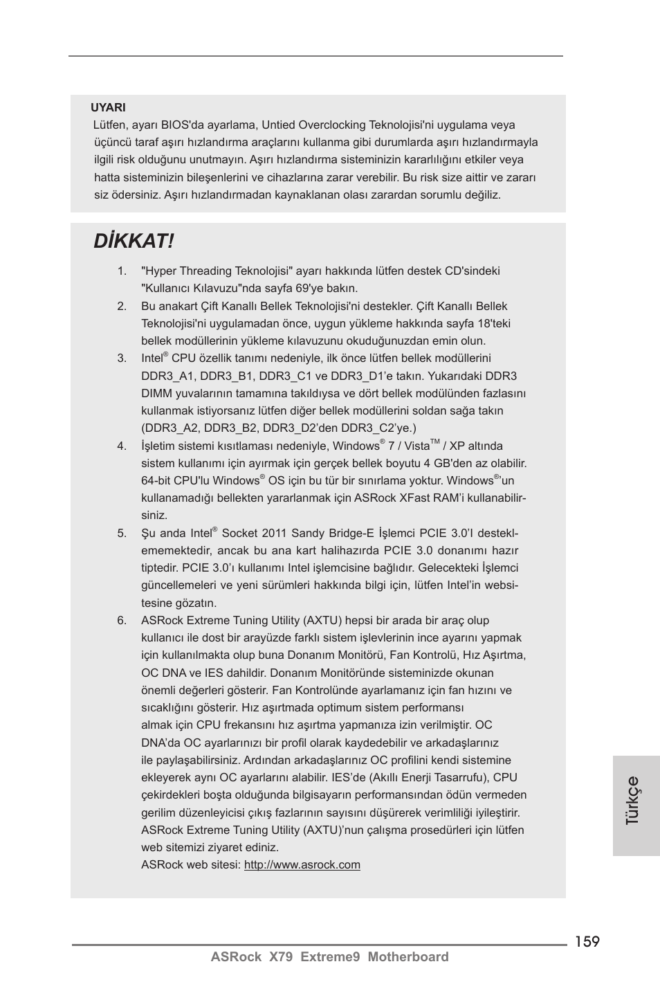 Dikkat, Türkçe | ASRock X79 Extreme9 User Manual | Page 159 / 246