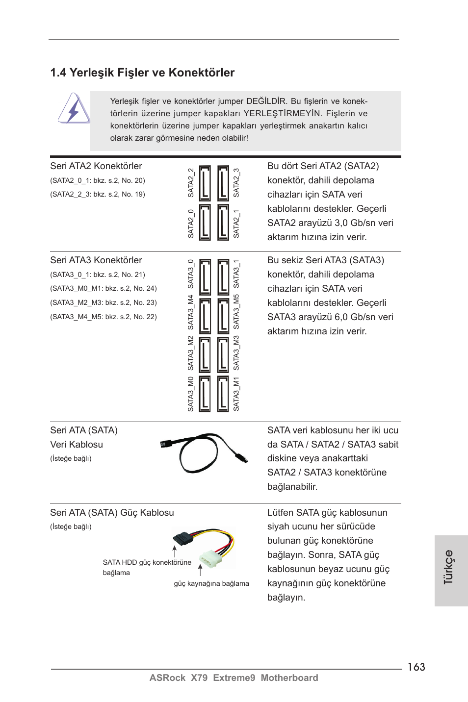 Türkçe 1.4 yerleşik fişler ve konektörler | ASRock X79 Extreme9 User Manual | Page 163 / 246