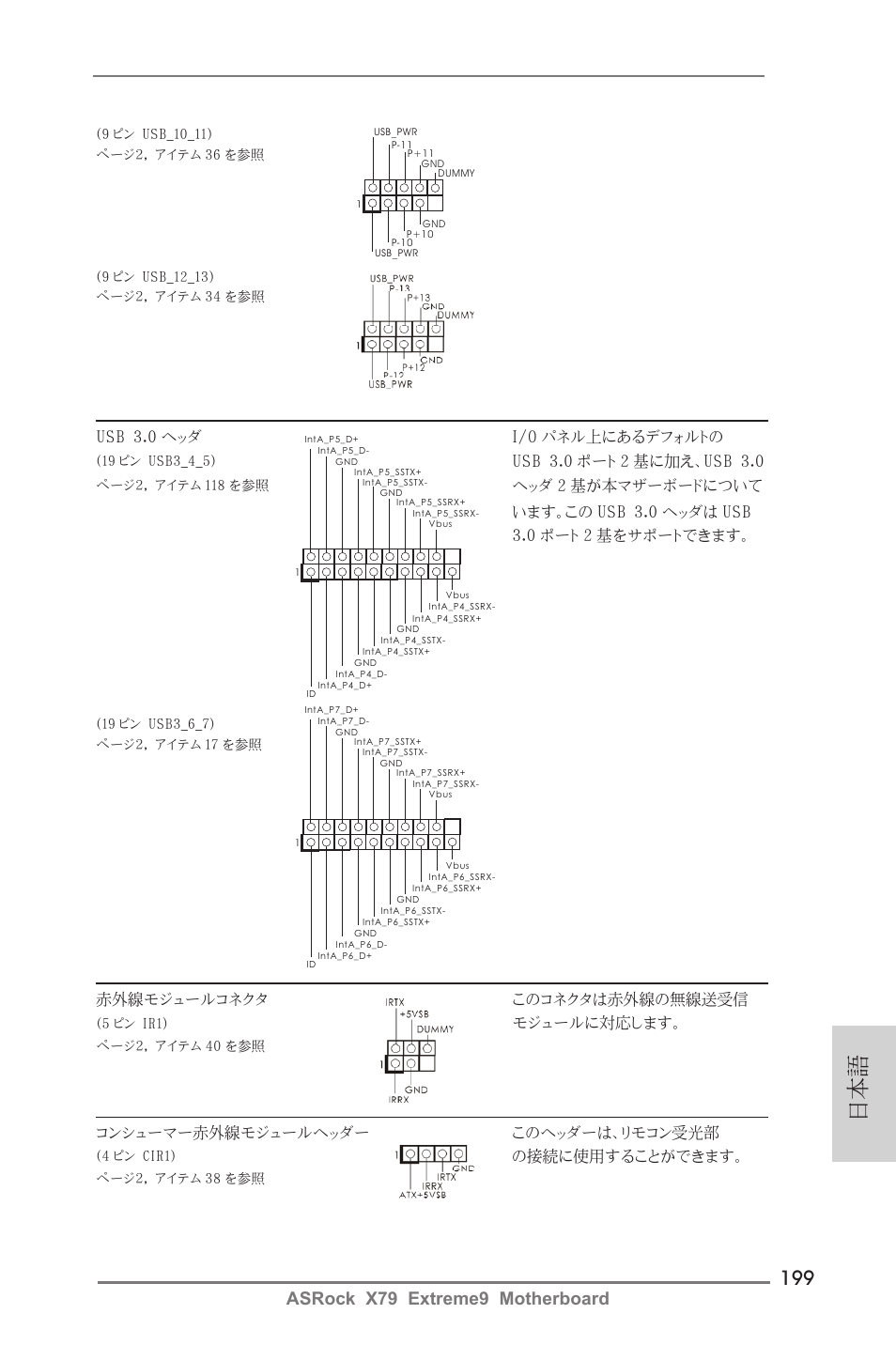 Asrock x79 extreme9 motherboard, 赤外線モジュールコネクタ このコネクタは赤外線の無線送受信, モジュールに対応します | Usb 3.0 ヘッダ i/o パネル上にあるデフォルトの, コンシューマー赤外線モジュールヘッダー このヘッダーは、リモコン受光部, の接続に使用することができます | ASRock X79 Extreme9 User Manual | Page 199 / 246