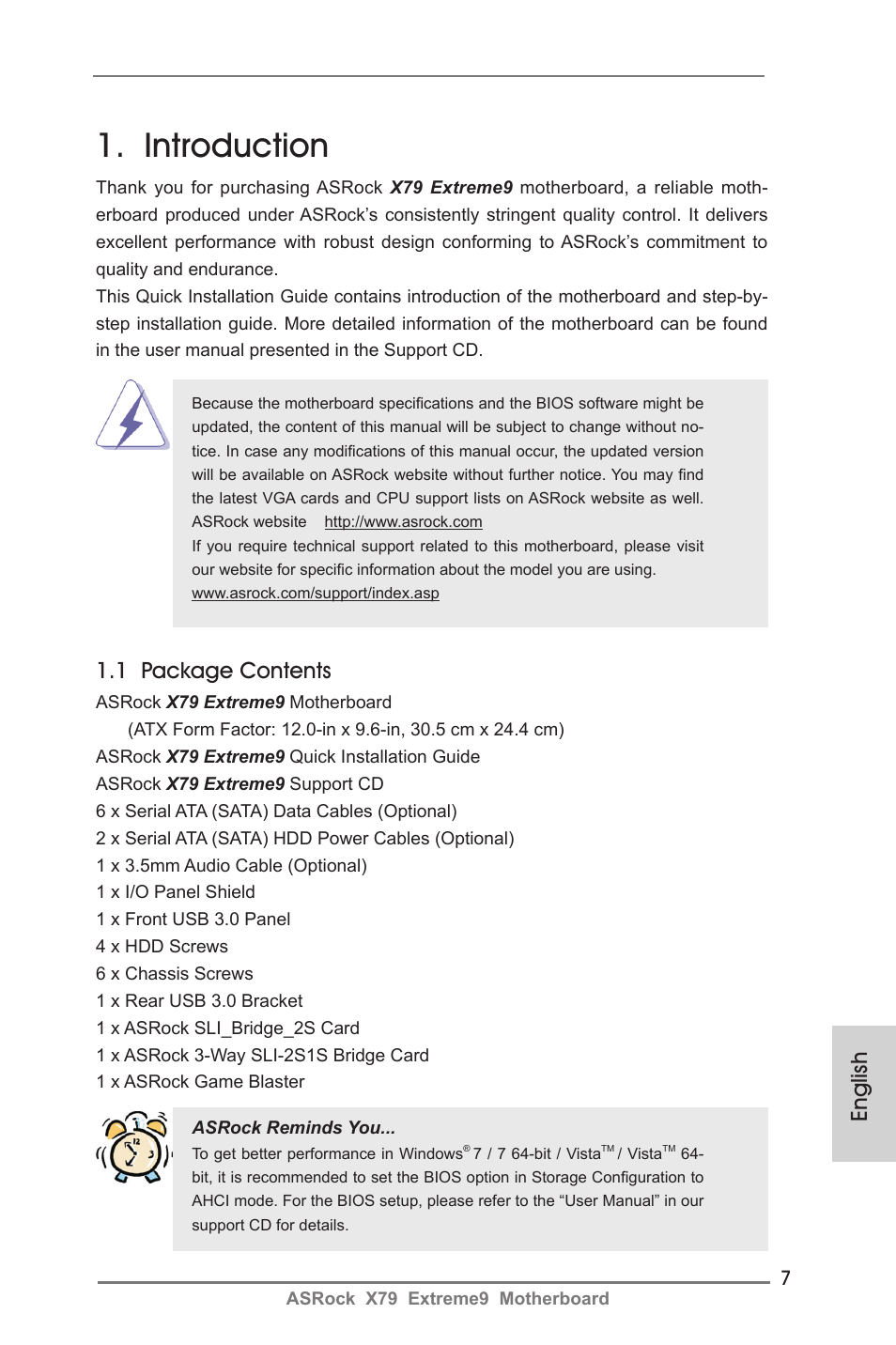 Introduction, 1 package contents, English | ASRock X79 Extreme9 User Manual | Page 7 / 246