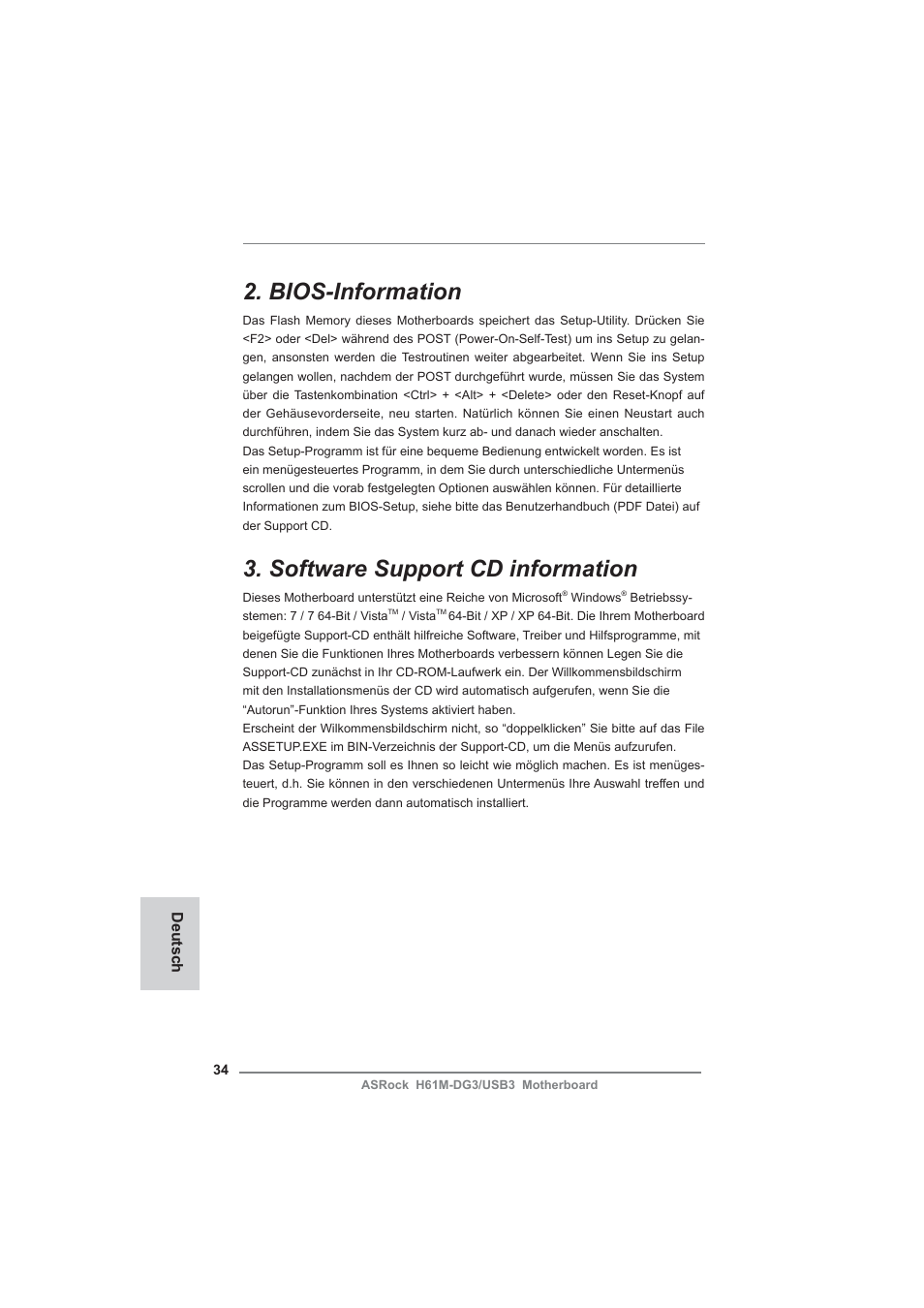 Bios-information, Software support cd information | ASRock H61M-DG3__USB3 User Manual | Page 34 / 138