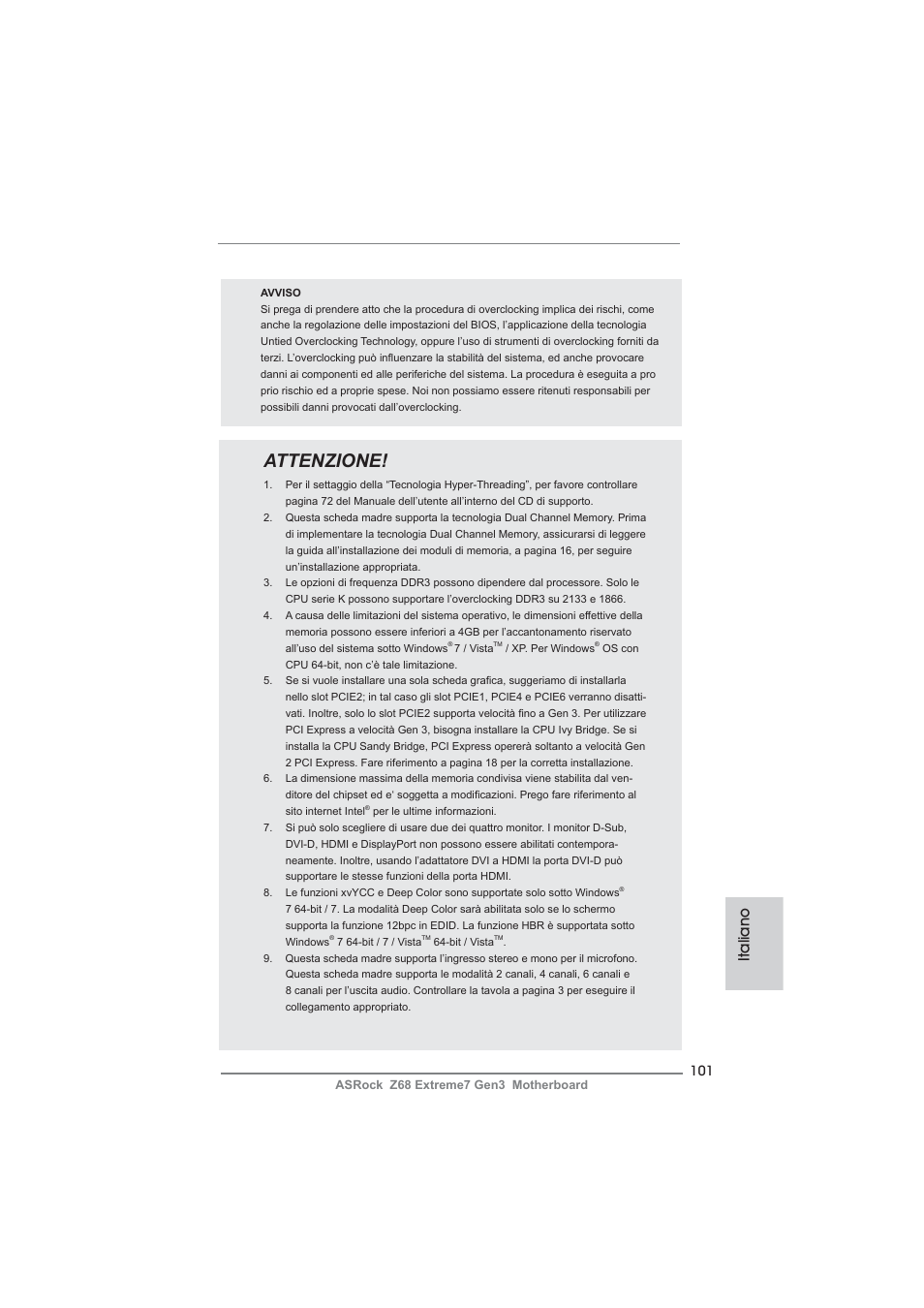Attenzione, Italiano | ASRock Z68 Extreme7 Gen3 User Manual | Page 101 / 249