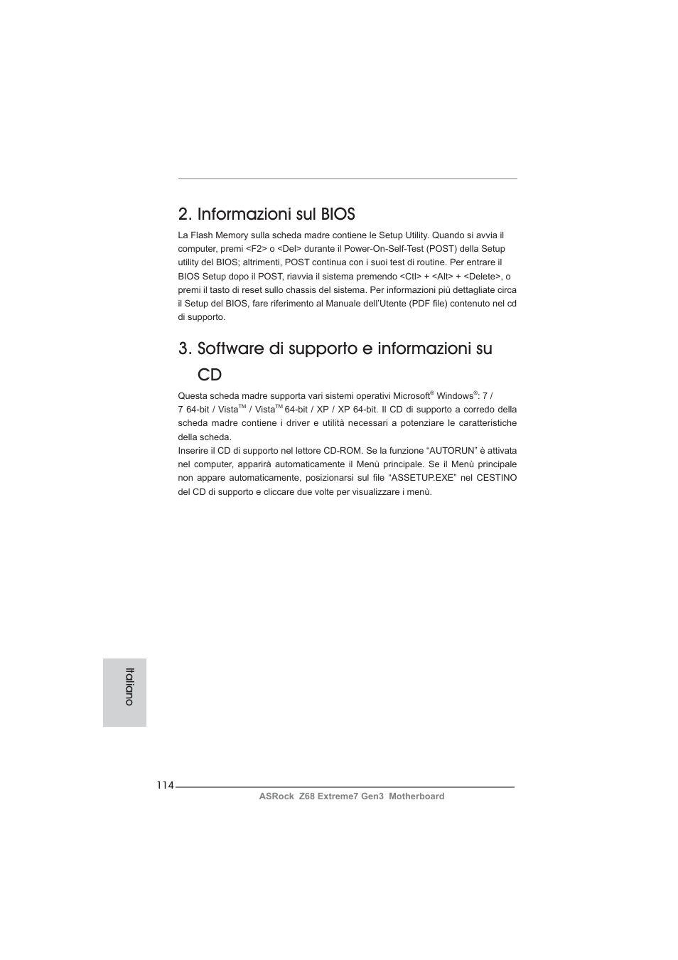 Informazioni sul bios, Software di supporto e informazioni su cd | ASRock Z68 Extreme7 Gen3 User Manual | Page 114 / 249