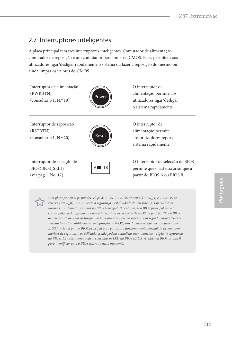 7 interruptores inteligentes, Z87 extreme9/ac, Por tuguês | ASRock Z87 Extreme9__ac User Manual | Page 113 / 193