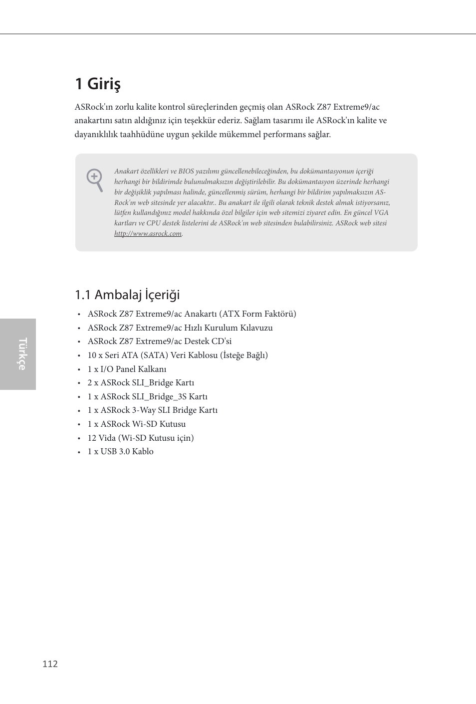 Turkish, 1 giriş, 1 ambalaj içeriği | Z87 extreme9/ac, Türk çe | ASRock Z87 Extreme9__ac User Manual | Page 114 / 193