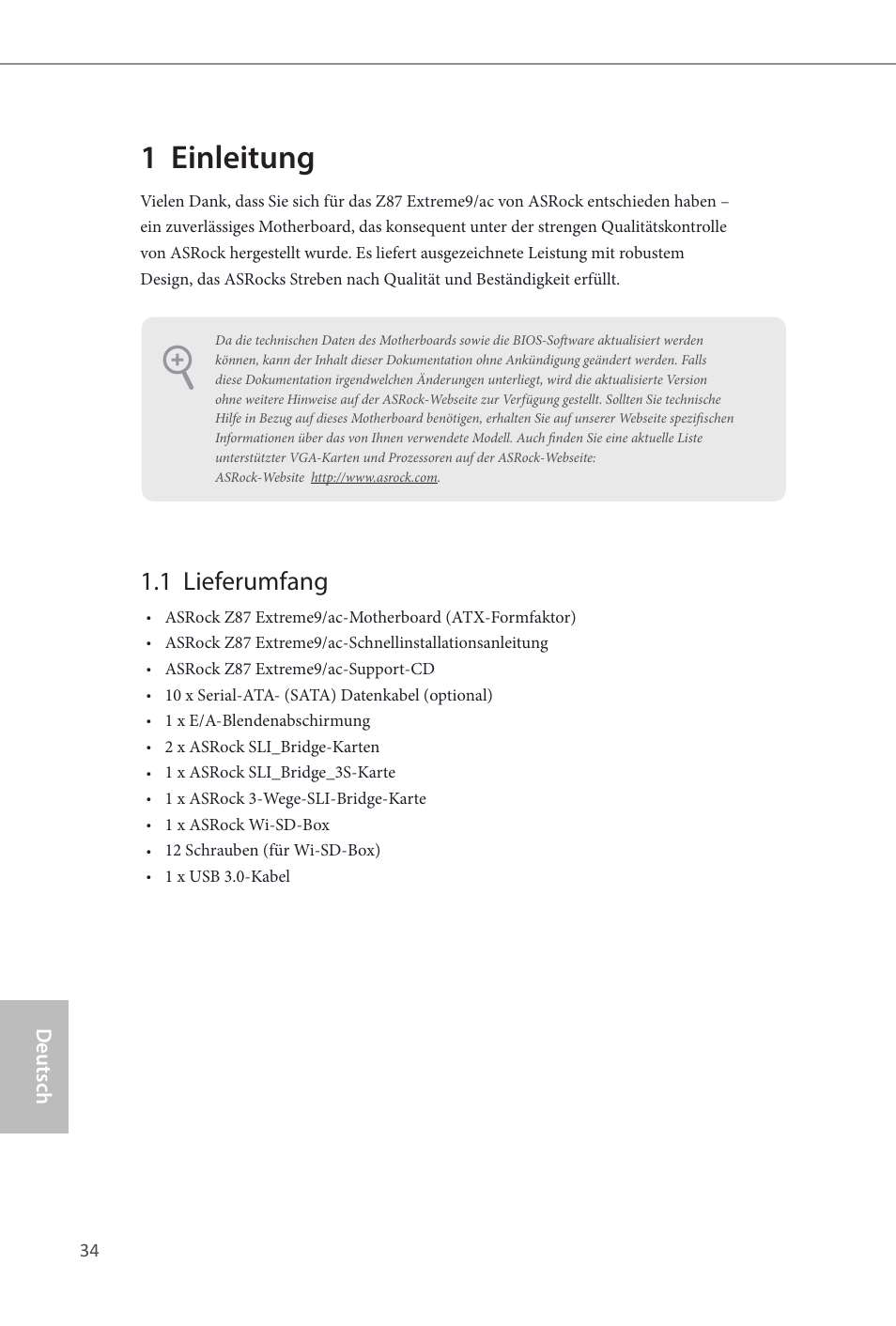 German, 1 einleitung, 1 lieferumfang | Z87 extreme9/ac, Deutsch | ASRock Z87 Extreme9__ac User Manual | Page 36 / 193