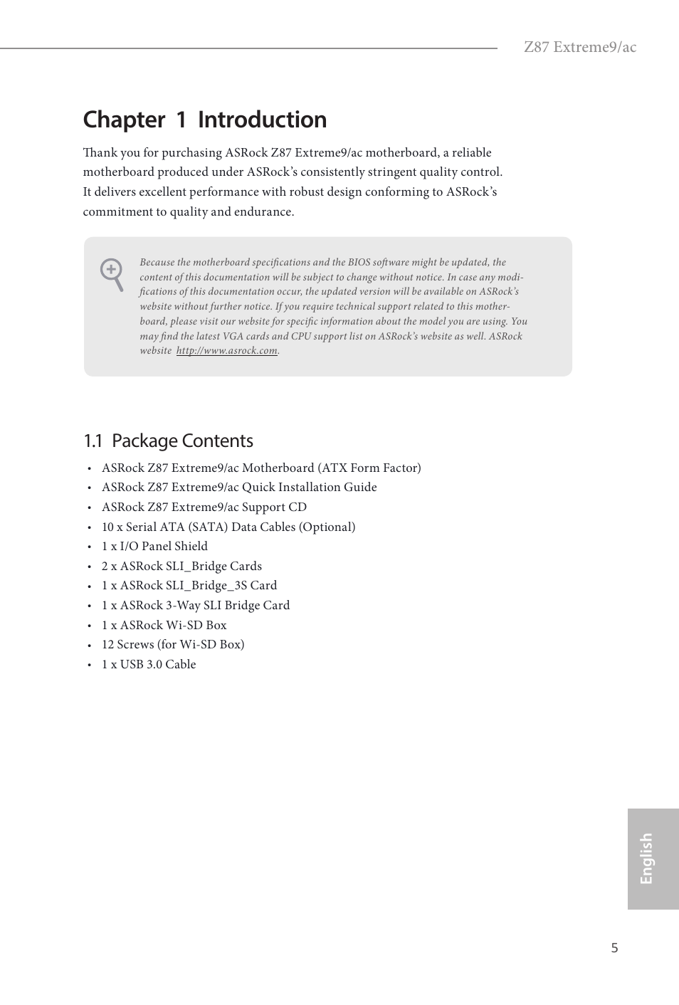 Chapter 1 introduction, 1 package contents, English z87 extreme9/ac | ASRock Z87 Extreme9__ac User Manual | Page 7 / 193