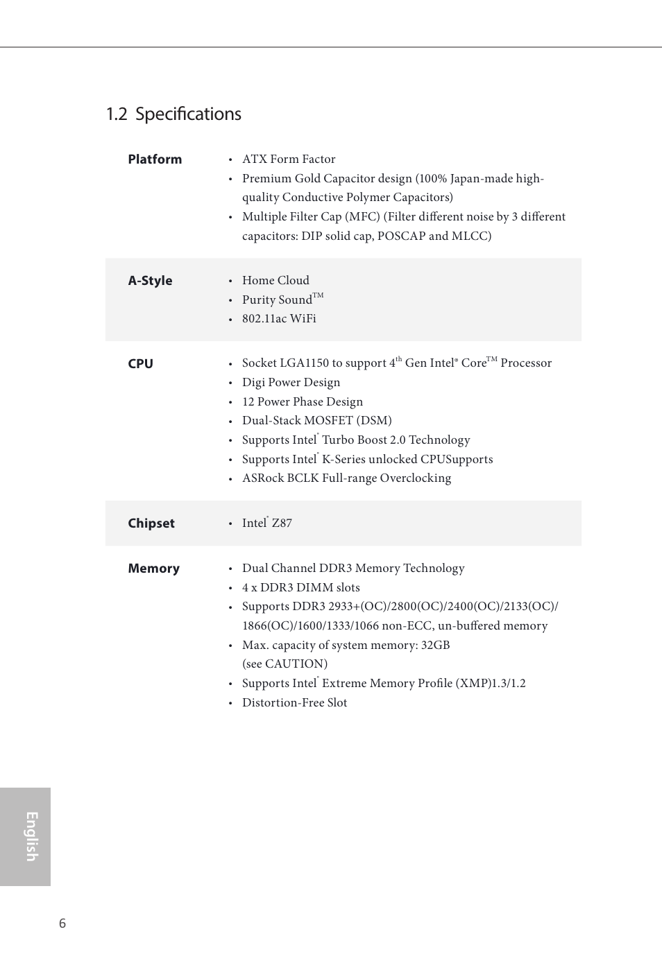 2 specifications, English z87 extreme9/ac | ASRock Z87 Extreme9__ac User Manual | Page 8 / 193