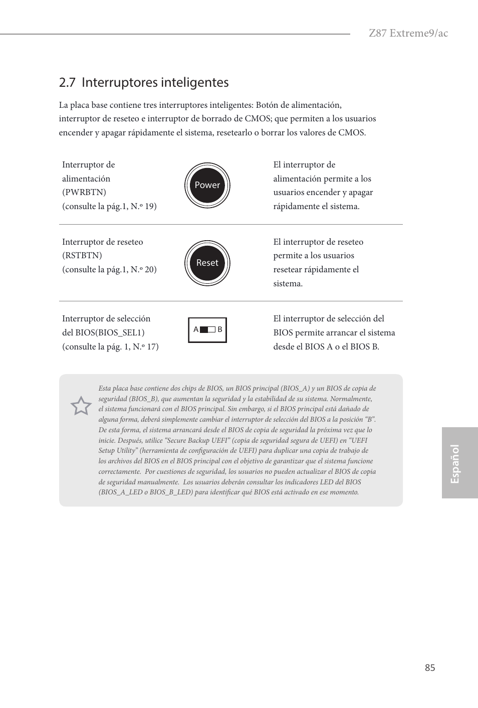 7 interruptores inteligentes, Z87 extreme9/ac, Español | ASRock Z87 Extreme9__ac User Manual | Page 87 / 193