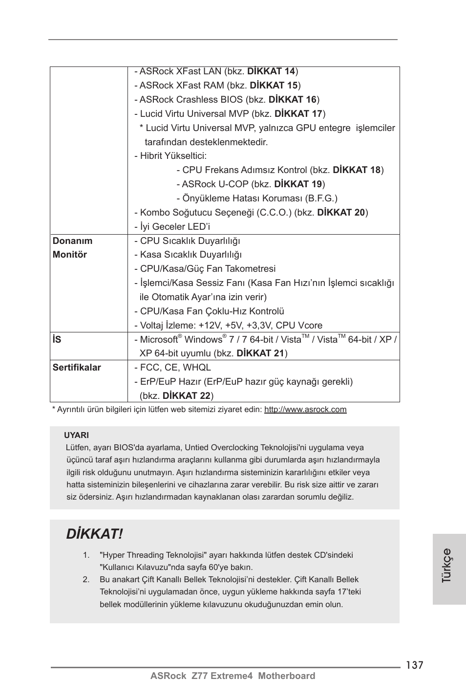 Dikkat, Türkçe | ASRock Z77 Extreme4 User Manual | Page 137 / 221