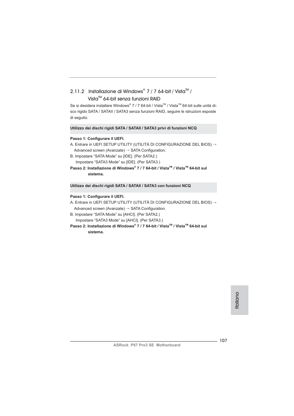 Italiano, 2 installazione di windows, 7 / 7 64-bit / vista | Vista, Bit senza funzioni raid | ASRock P67 Pro3 SE User Manual | Page 107 / 277