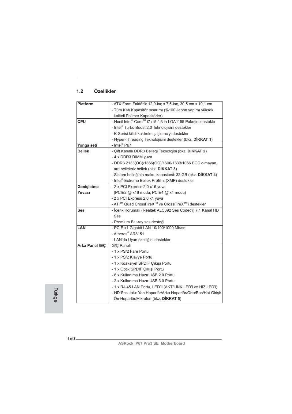 2 özellikler, Türkçe | ASRock P67 Pro3 SE User Manual | Page 160 / 277