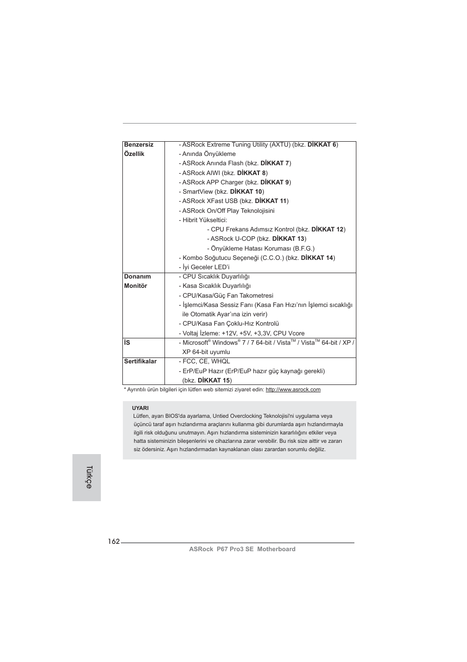Türkçe | ASRock P67 Pro3 SE User Manual | Page 162 / 277