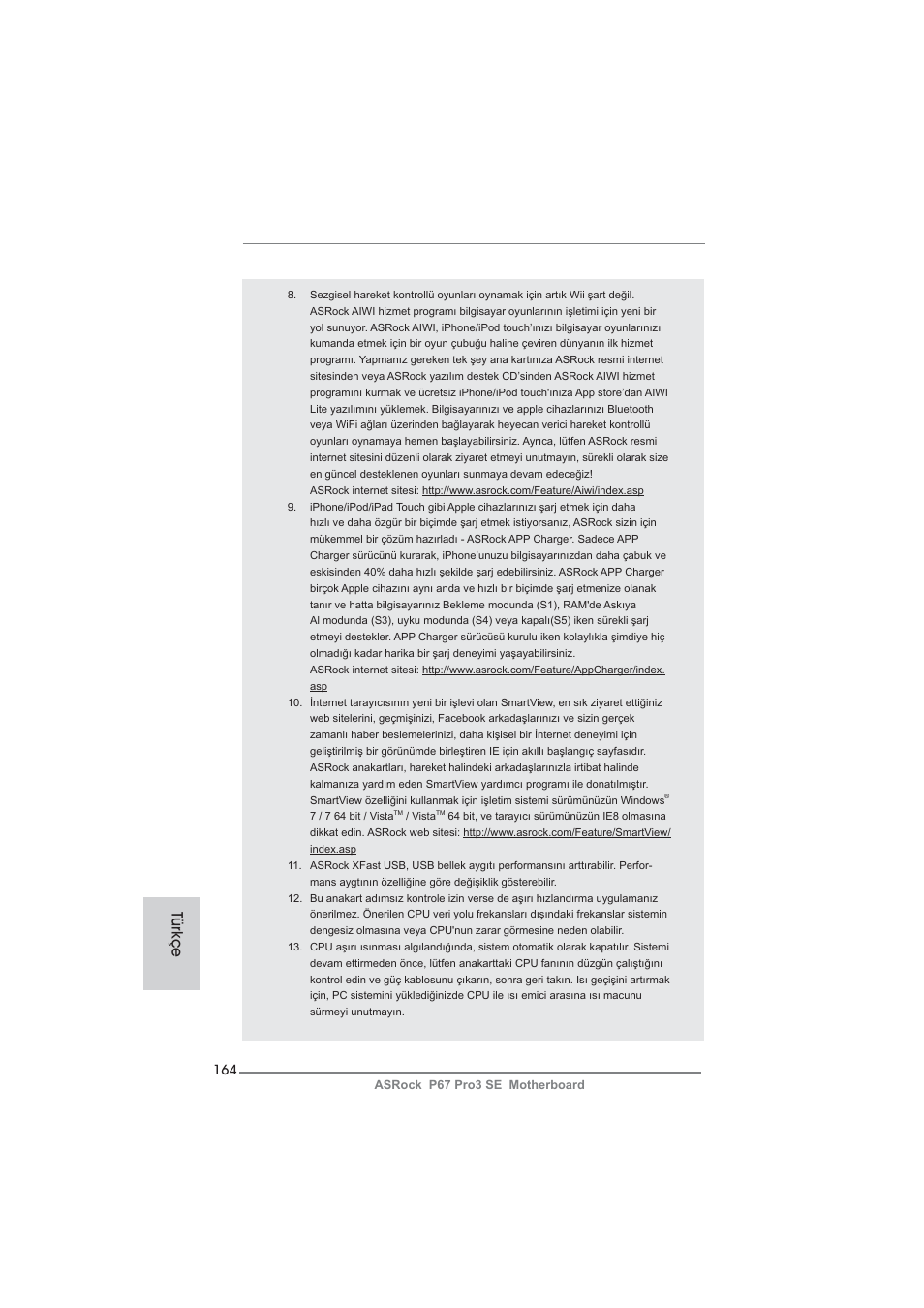 Türkçe | ASRock P67 Pro3 SE User Manual | Page 164 / 277