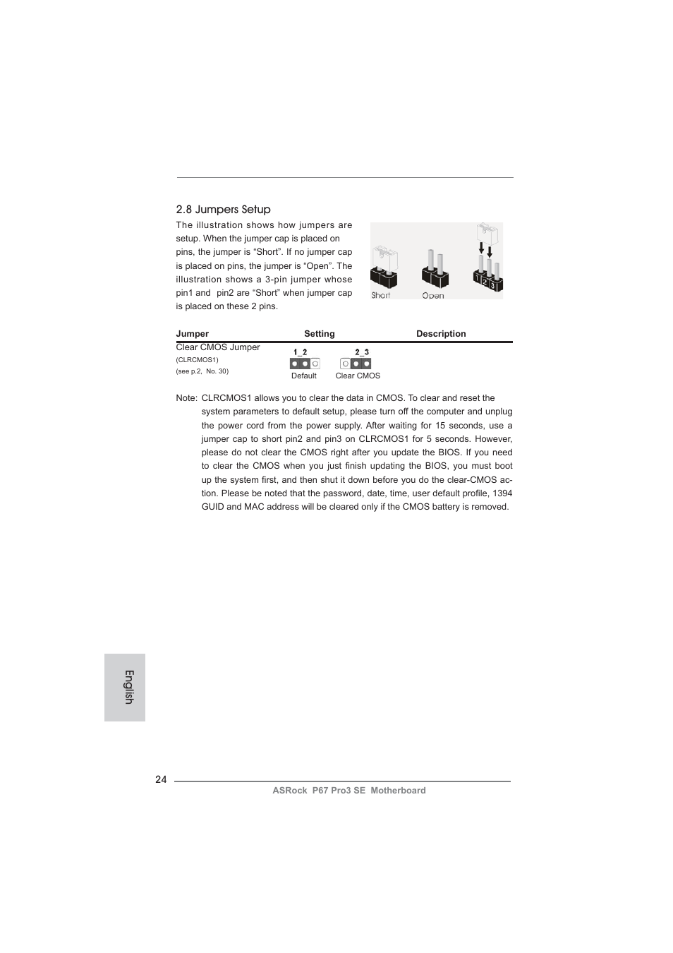 8 jumpers setup, English | ASRock P67 Pro3 SE User Manual | Page 24 / 277