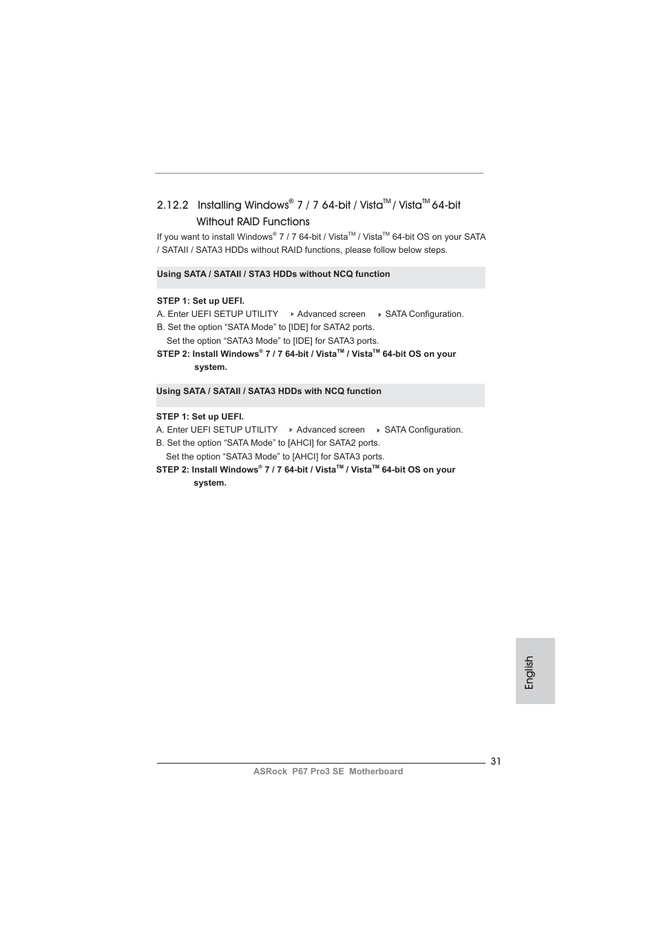 English 2.12.2 installing windows, 7 / 7 64-bit / vista, Vista | Bit without raid functions | ASRock P67 Pro3 SE User Manual | Page 31 / 277